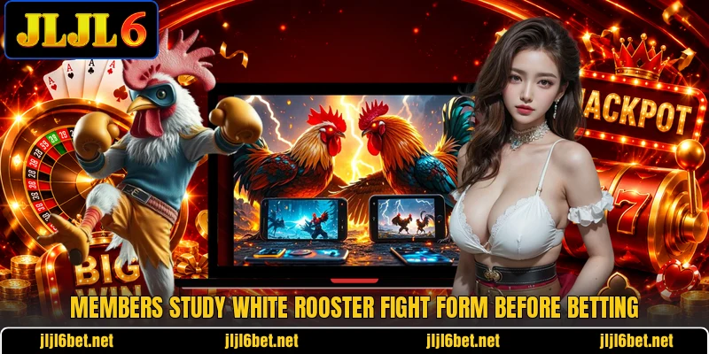 Members study white rooster fight form before betting